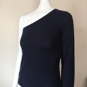 Navy Blue One Shouldered 100% Cashmere Top Sweater